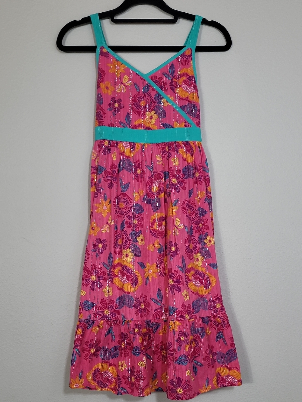 Vintage Bloom Girls Floral Dress Size 12/14 Pink Metallic Fit Flare Cottagecore